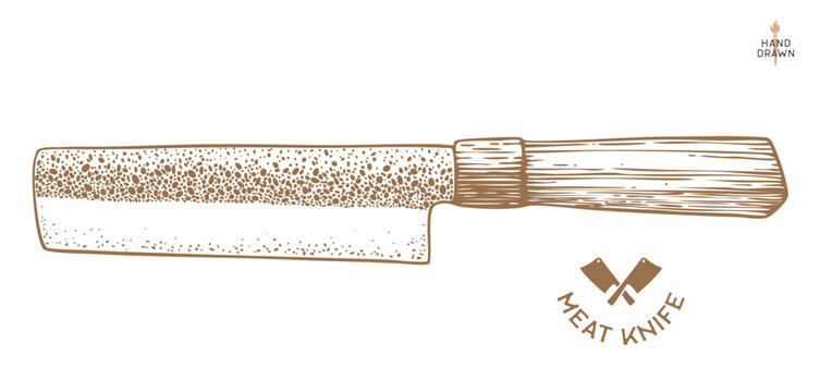 Butcher Knife. Hand drawn sketch. Cleaver Knife. Butchery symbol, icon logo, sign. Silhouette butcher knife, sketch. Template sign, meat shop market, butchery sketch design. Vector Illustration
