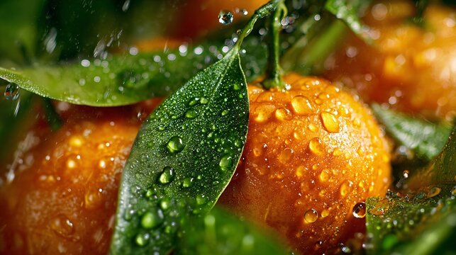 Fresh orange mandarins with green leaves covered in water droplets on a dark background