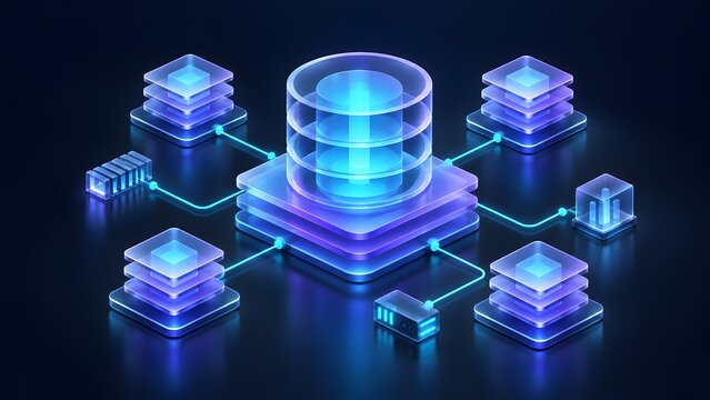 3D visualization of a central database server connected to distributed cloud storage nodes representing modern network architecture and digital hosting.