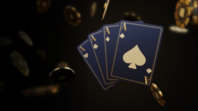Four aces playing cards fanning out and rotating with gold poker chips falling around them
