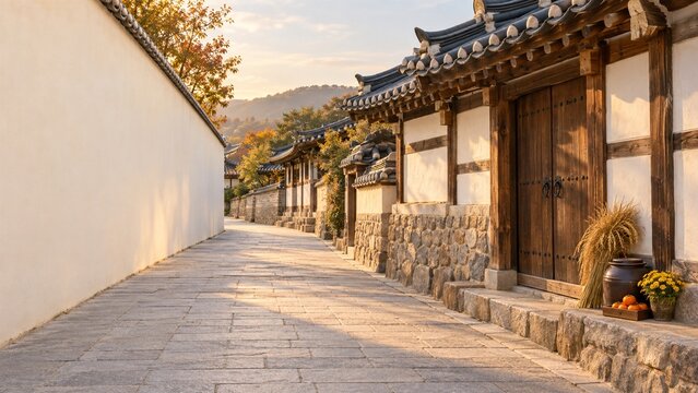 Quiet Korean hanok courtyard decorated for the autumn harvest season
