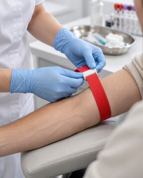 Healthcare professional wearing blue gloves applying a red tourniquet before drawing blood from a patient's arm. Clinical laboratory testing, diagnostics, and routine medical examination concept.