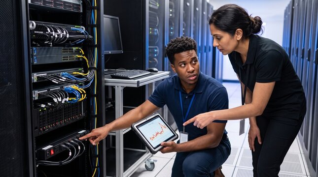 It engineers discussing data center operations, managing server network infrastructure and cloud computing solutions
