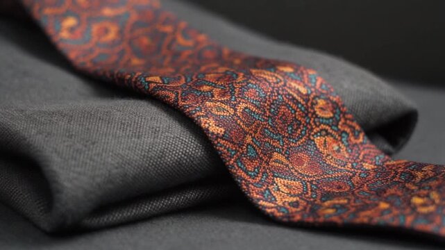 Elegant necktie with paisley pattern on dark gray suit fabric
