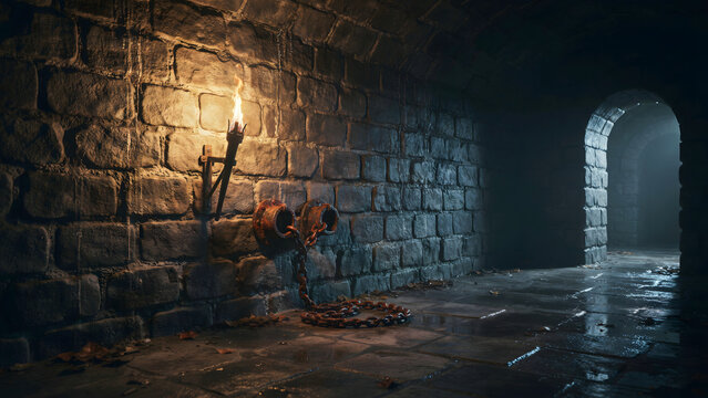 An atmospheric stone dungeon cell featuring a flickering wall torch, heavy iron shackles attached to the brick wall, and a dark arched corridor