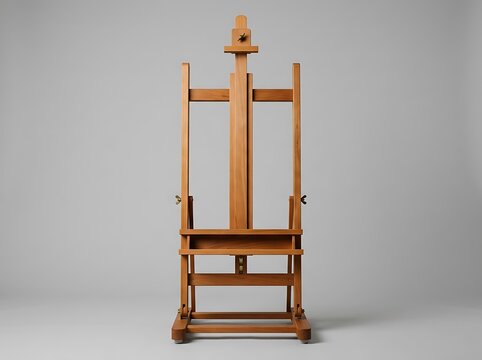 Empty wooden artist easel standing on a clean light grey studio floor ready for painting and creative work