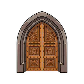 Vintage carved wooden double door with ornate stone archway architectural vector illustration
