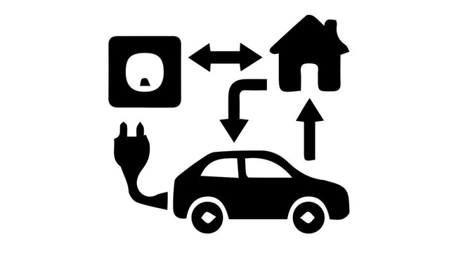 Electric vehicle smart charging system icon, bidirectional energy flow between EV and home, sustainable power grid integration vector illustration