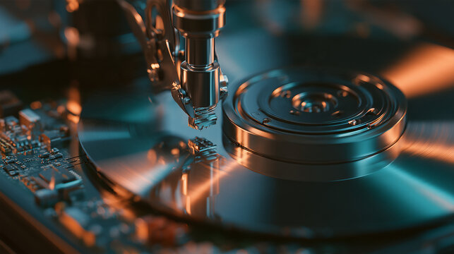 Extreme Close-Up of Hard Disk Read-Write Head Technology and Precision Components