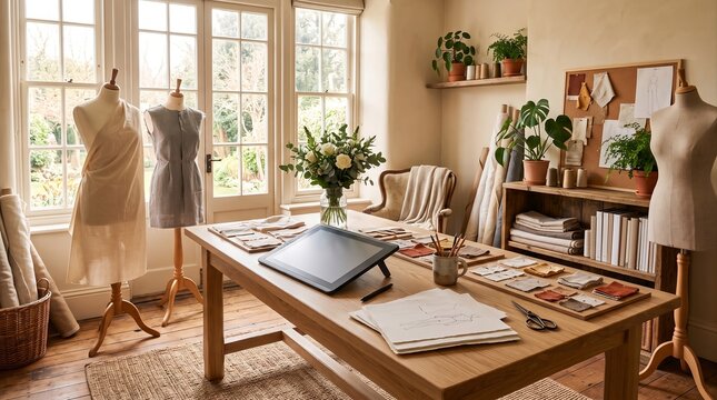 Cozy wooden desk with a digital drawing tablet, open sketchbook, indoor plant, and natural window light creating a calm creative workspace.