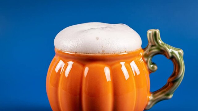 Pumpkin shaped ceramic beer stein overflowing with frothy white foam against a blue background, close-up shot