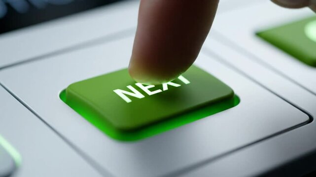 Finger pressing the bright green next button on a white keyboard with a focus on the action