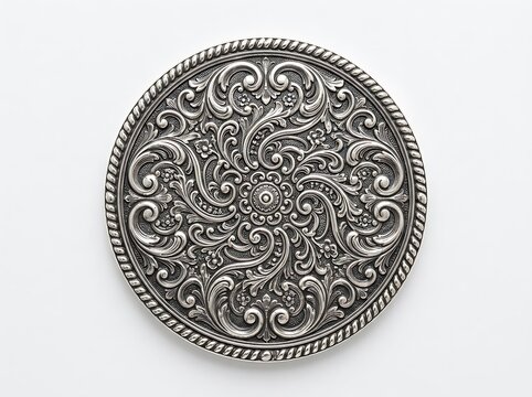 Ornate silver decorative plate with intricate floral and scrollwork relief patterns