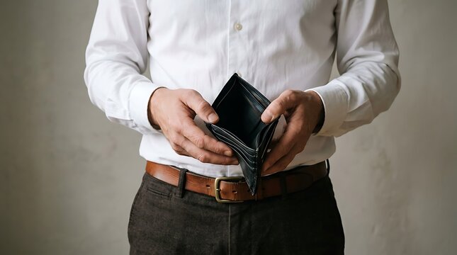 Empty wallet held by businessman, financial crisis and bankruptcy concept, poor man showing no money in leather wallet