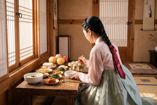 Korean woman wearing traditional hanbok arranging a festive feast table for Seollal or Chuseok celebration, symbolizing cultural heritage, ancestral rites, and authentic Asian culinary customs