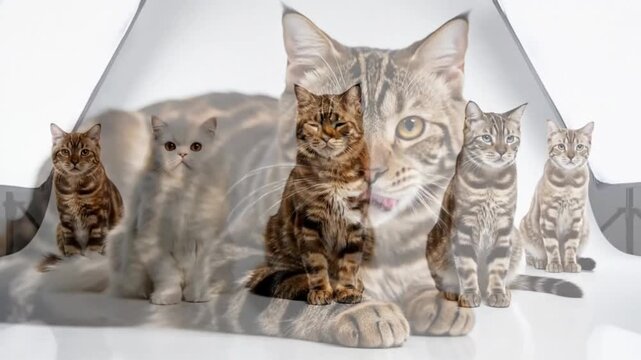 Graceful poses of domestic cats in a studio setting, showcasing various cat breeds and elegant fur patterns