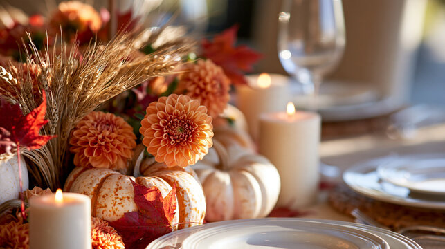 Close-up of a seasonal thanksgiving centerpiece of heirloom pumpkins, dried wheat, orange dahlias and red maple leaves with two unlit ivory candles, bright clean festive table sett