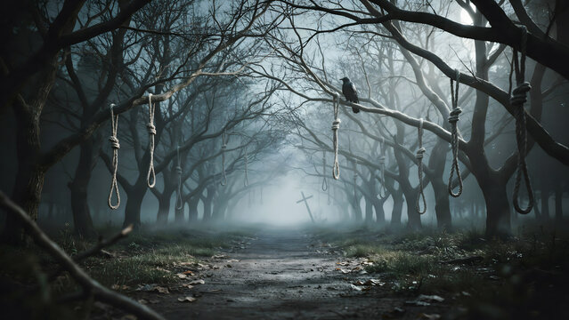 Dark forest alleyway with hanging noose ropes, foggy atmosphere, and a lone crow perched on a branch in a haunting woodland setting