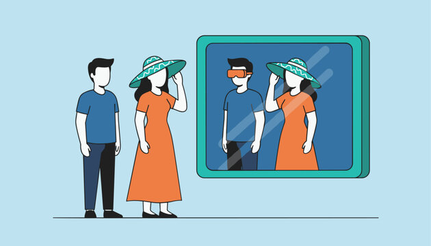 Couple using augmented reality smart mirror for virtual try on