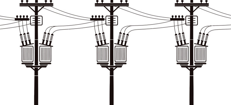 Seamless pattern featuring a repeating sequence of wooden utility poles with electrical transformers and power lines, black and white