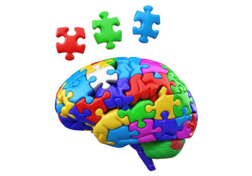 Colorful puzzle pieces forming a human brain illustration