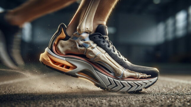 Cutaway running shoe and foot skeleton showing gait transition, cushioning, flex grooves, and arch support for sports science and footwear engineering.