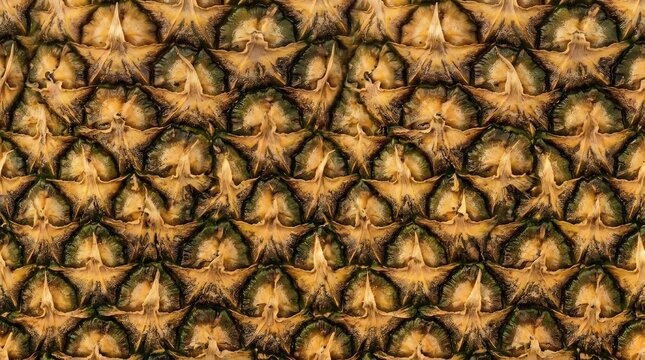 Close up macro texture of a fresh pineapple skin showing geometric patterns and natural yellow brown colors for food background design projects