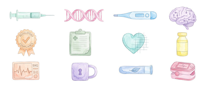 Watercolor medical icons set healthcare digital technology symbols isolated on black background for clinical research, biotechnology, cardiology, genetics, regulatory compliance, and patient care