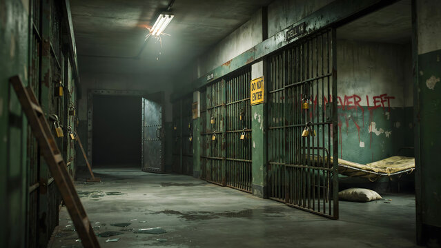 Dimly lit abandoned prison corridor with rusted metal cell bars, a wooden ladder, and a weathered cot inside a dark, gloomy jail block