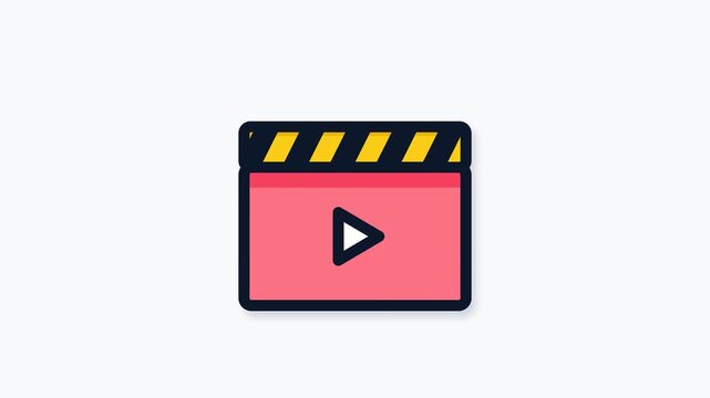 Seamless loop flat vector animation of a cinema clapperboard snapping shut with a play button, representing video production, film entertainment, and digital media broadcasting. Clean, minimal backgro