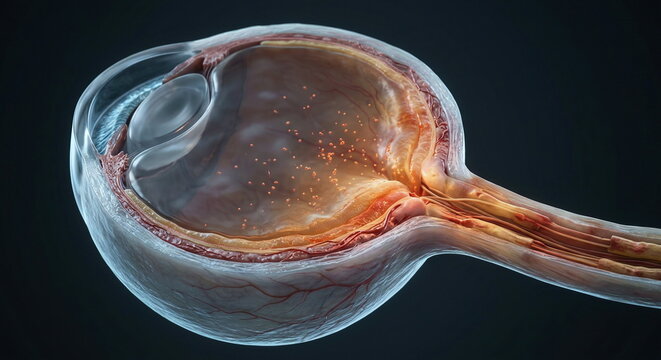 Human eye and optic nerve cross-section with postviral inflammation, swollen retina, microglia activity, and damaged myelin along the optic pathway.