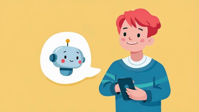 happy boy talking with a friendly chat robot illustrated animation