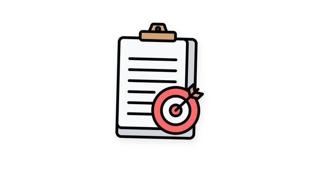 High-quality animated flat design of a business clipboard with a strategy checklist and an overlapping red target bullseye hit by an arrow. Perfect for marketing, goals, success, strategy, and busines