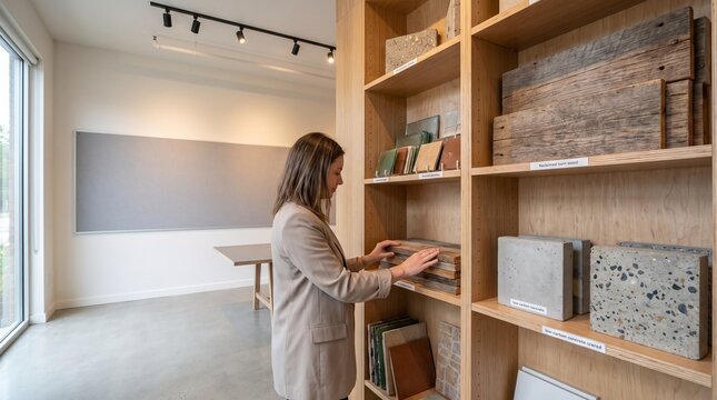 Modern interior design showroom, woman browsing material samples on wooden shelves, bright natural light, concrete and wood textures, for architectural and design concepts
