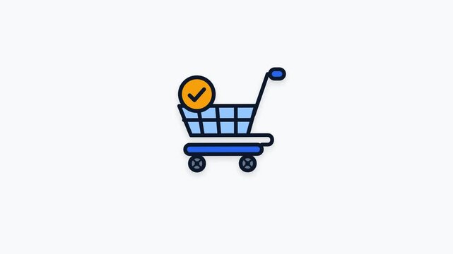 High-quality 4K animated flat design of a shopping cart driving in, stopping with dynamic inertia, and popping a success checkmark badge. Features bold outlines, vibrant flat colors, and perfectly spi