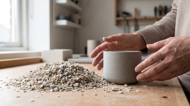 Artisan crafting concrete pot, hands shaping gray cement vessel on wooden table, pile of aggregate, natural light, creative hobby, DIY home decor