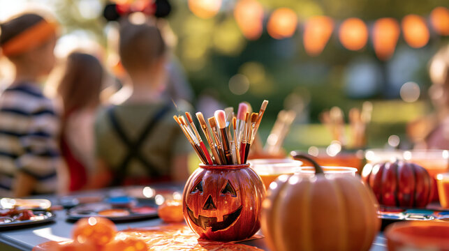 A bright outdoor face-paint station placed on the left third of the frame, children waiting in simple Halloween accessories photographed from behind, brushes, palettes and orange d