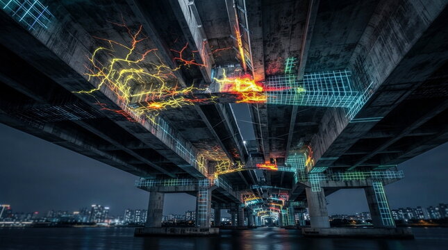 Bridge underside scan revealing crack networks, stress zones, and reinforced joints in bright spectral colors.