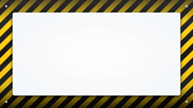 High-quality seamless loop flat vector animation of a continuous moving hazard warning tape frame. Features diagonal yellow and black stripes, a central white cutout with drop shadow, industrial screw