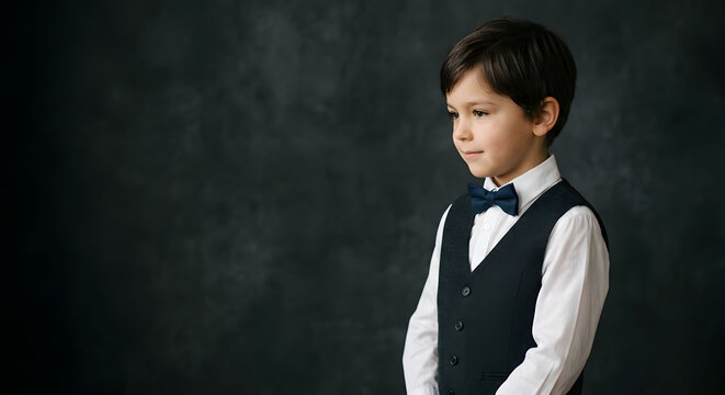 An elegant portrait of a young boy dressed in a formal navy blue vest white shirt and bowtie against a dark textured studio backdrop. Generative AI.