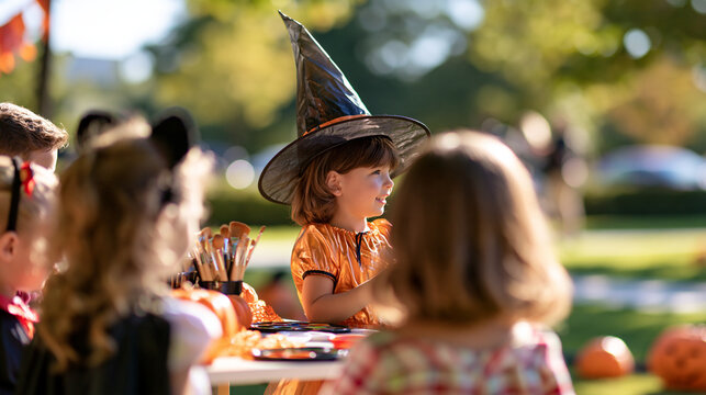 A bright outdoor face-paint station placed on the left third of the frame, children waiting in simple Halloween accessories photographed from behind, brushes, palettes and orange d