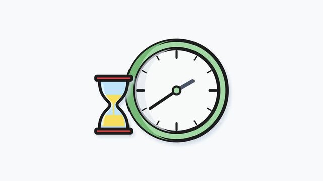 High-quality flat vector animation featuring a ticking clock and a looping hourglass. Represents concepts of time management, business deadlines, corporate strategy, productivity, and countdowns.