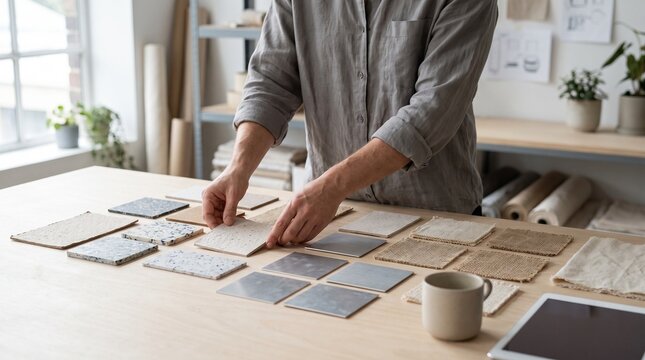 Creative artisan selecting fabric samples, hands arranging various textile swatches on a light wooden table, neutral tones, for design and craft projects