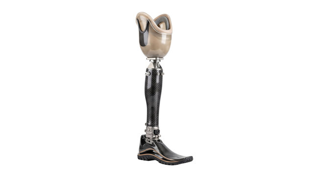 Prosthetic leg with carbon fiber components, advanced artificial limb for amputees, medical orthopedic equipment on white background