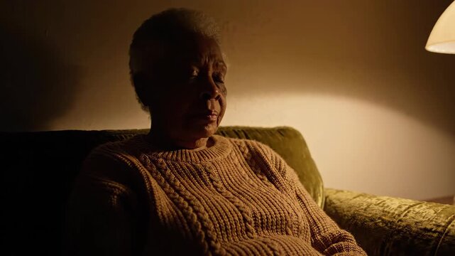 Elderly woman senior caregiver alone in dark room depression sadness loneliness contemplation lamp lit living room solitude emotional senior care
