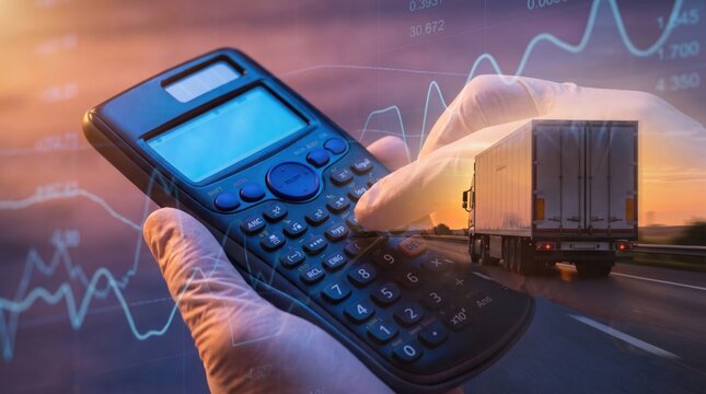 Logistics Shipping Cost Calculation with Hand Holding Calculator, Delivery Truck and Financial Chart