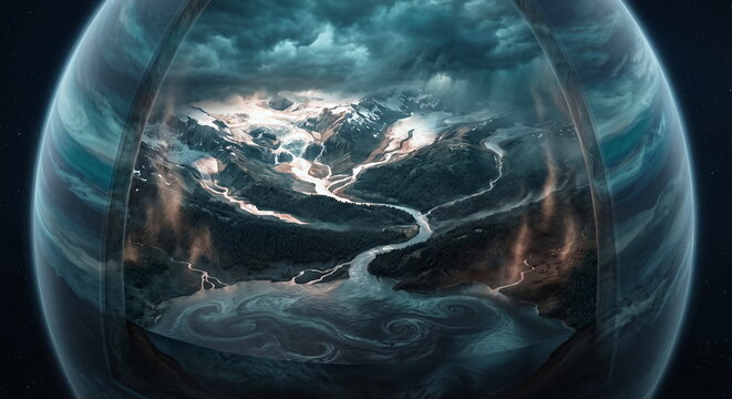 Translucent planet cutaway showing river basin, atmosphere bands, ocean currents, glacier melt, forest canopy, and rising heat plumes.