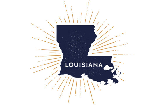 USA, Louisiana state. Print Louisiana map state starburst graphic icon, USA symbol, print map state, graphic design. Vintage Louisiana map state, sunburst emblem badge. Vector Illustration