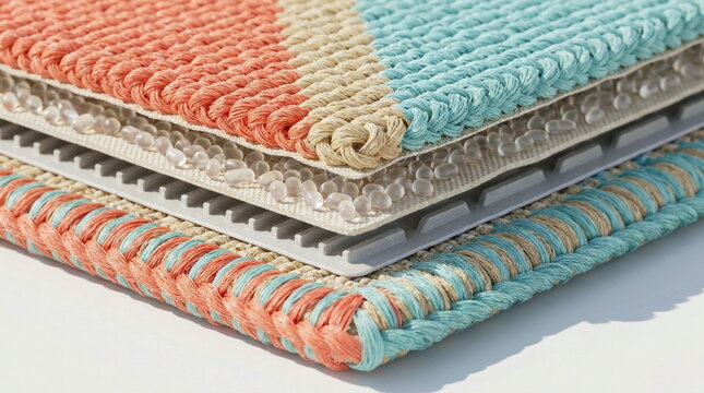 Exploded cutaway of indoor outdoor rug with polypropylene loops, waterproof backing, drainage microchannels, and stitched edging layers.