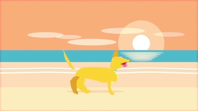 pixel art dog on beach at sunset, ocean waves and clouds, serene coastal landscape
